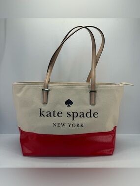 NWT kate spade Remmi Beige and Red Canvas Tote large with Tan leather Straps